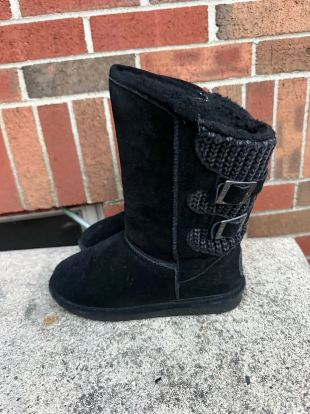 Bearpaw Black Knit Buckle Mid Calf Winter Boots Womens Size 6 Suede Sherpa